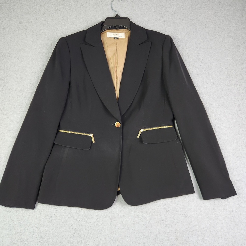 Tahari Blazer Jacket Women 6 Black Formal Single Breasted Notch Lapel One Button